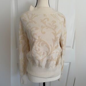 Anthropologie Cream and Tan scroll velour  Cowl Neck Sweater
